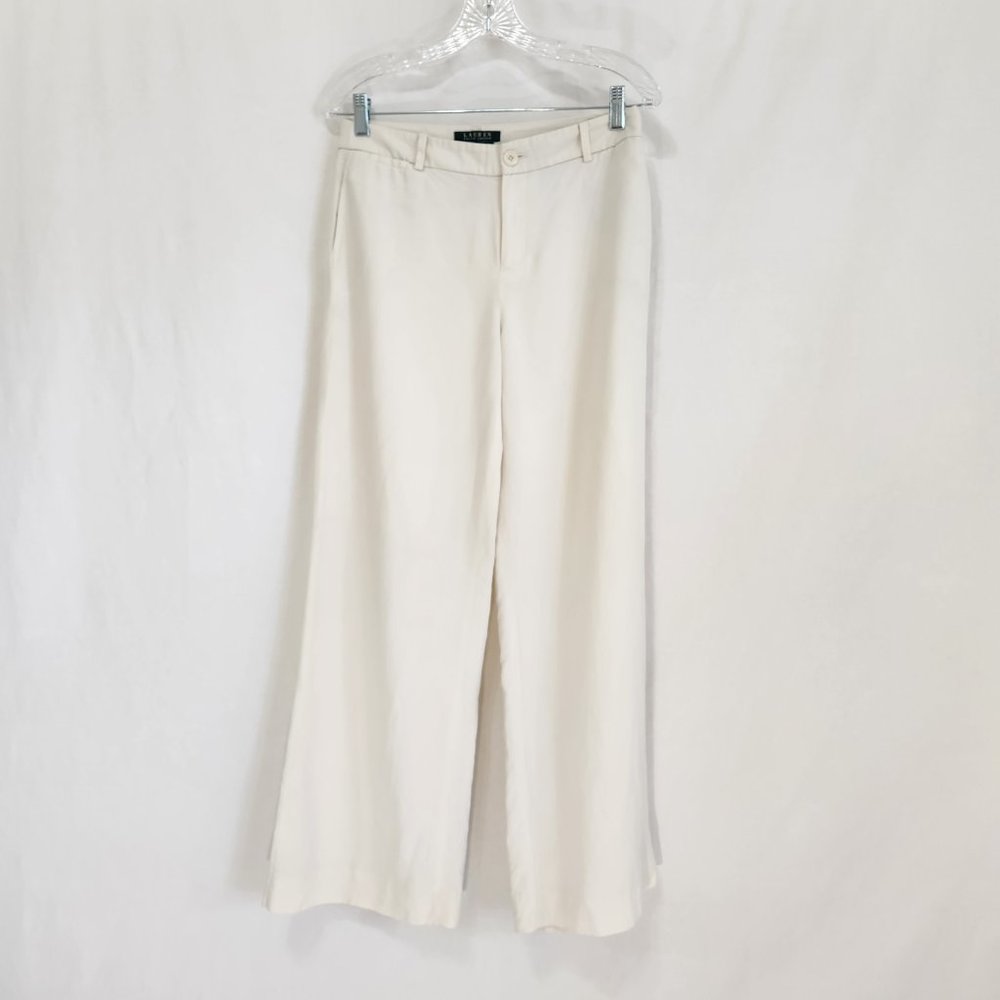 RALPH LAUREN Minimalist Ivory Andover Modern Wide Leg Silk Linen Pants Size 10.